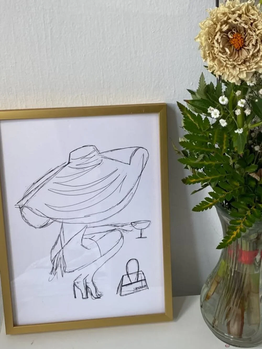 Medium Fashion Art Sketch of a Woman Wearing Jacquemus in Gold Frame